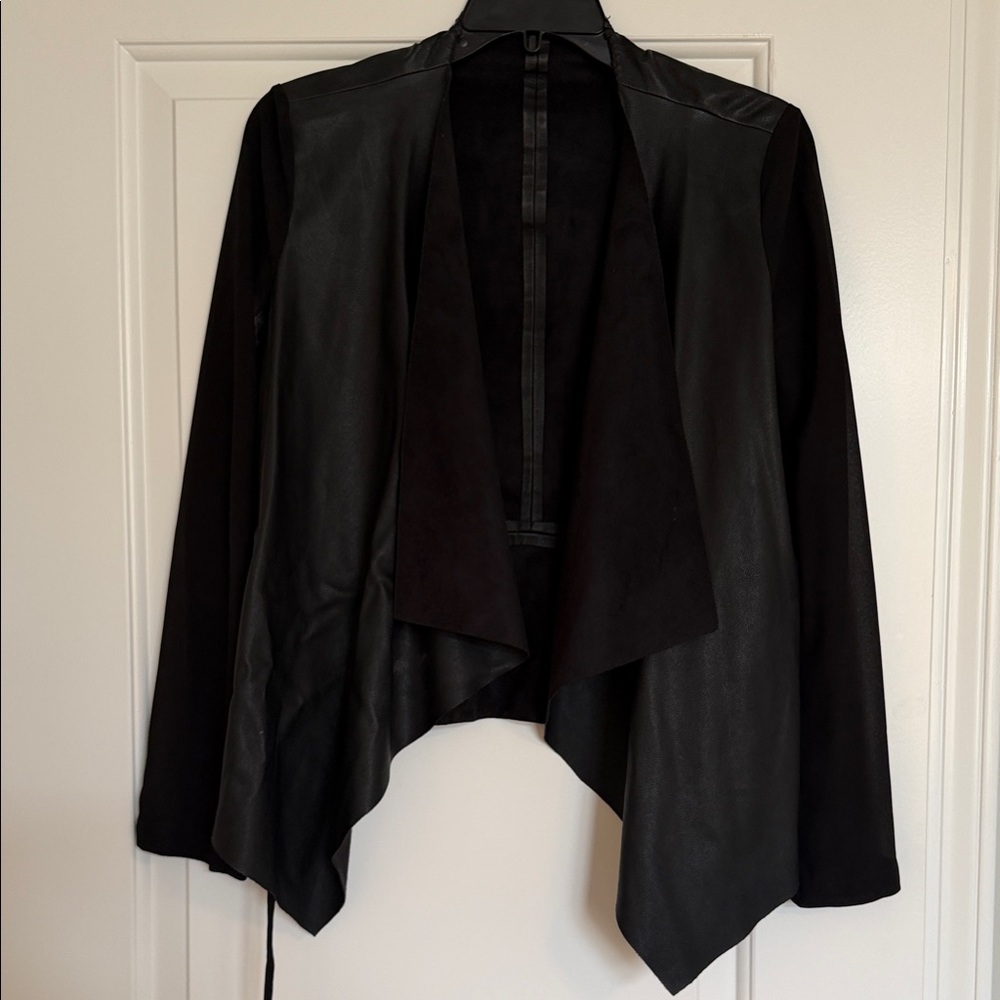 Zara Black Draped Faux Leather Open-Front Jacket